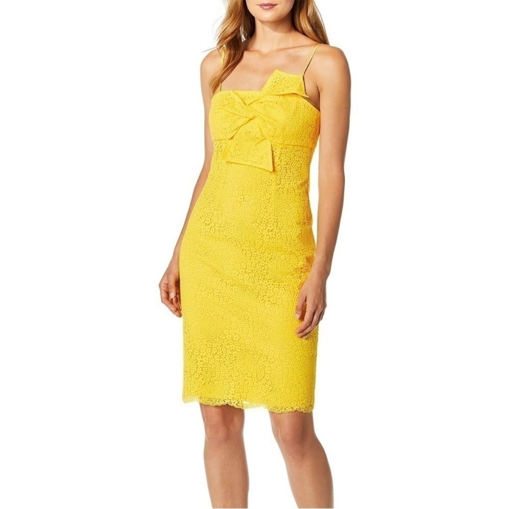 NWT Trina Turk Shift MIDI floral lace Dress twist front spaghetti straps lemon